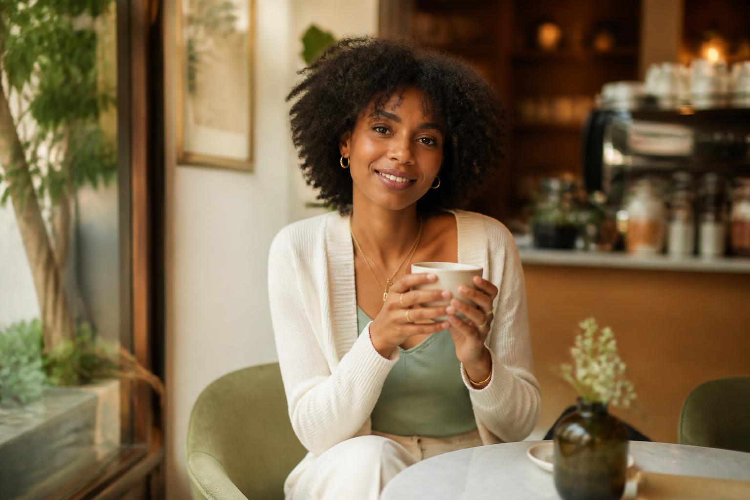 A Boo relaxing with a cup at a sunlit café table