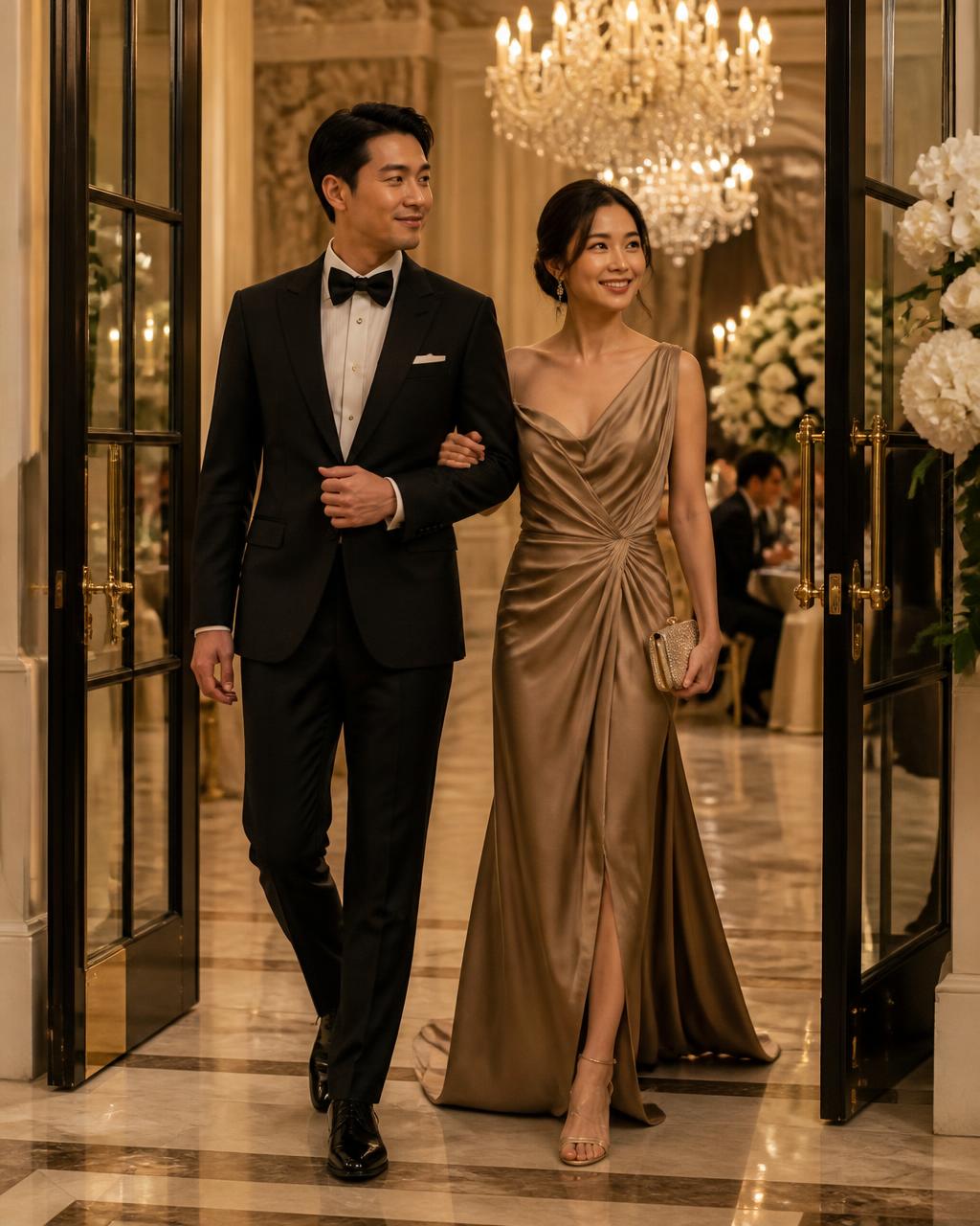An elegantly dressed couple arriving at a chandelier-lit ballroom