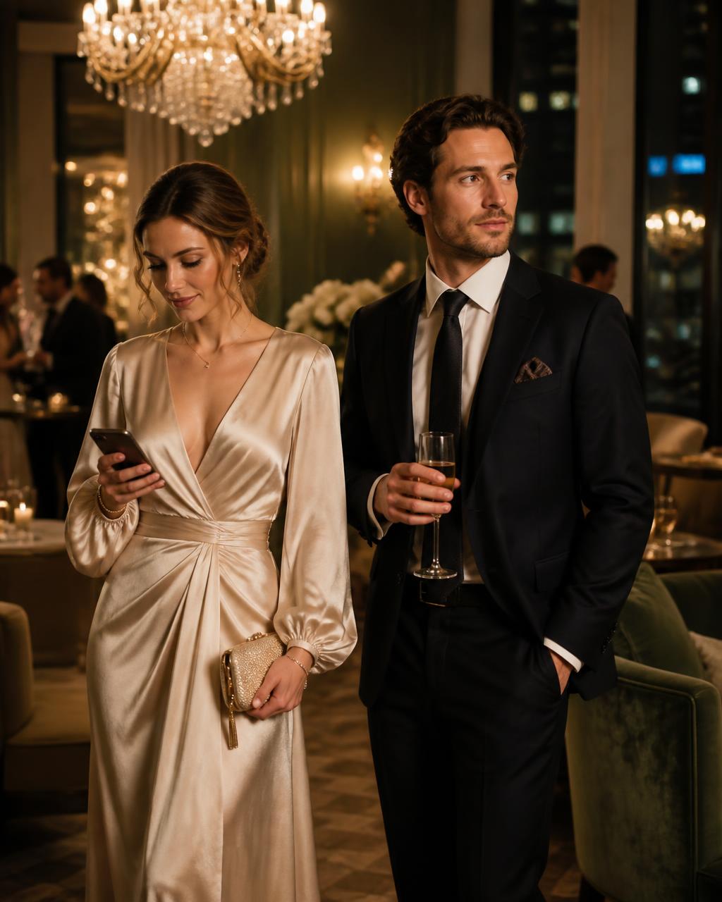 A couple in a luxury lounge with a phone in hand, ready to reach for help