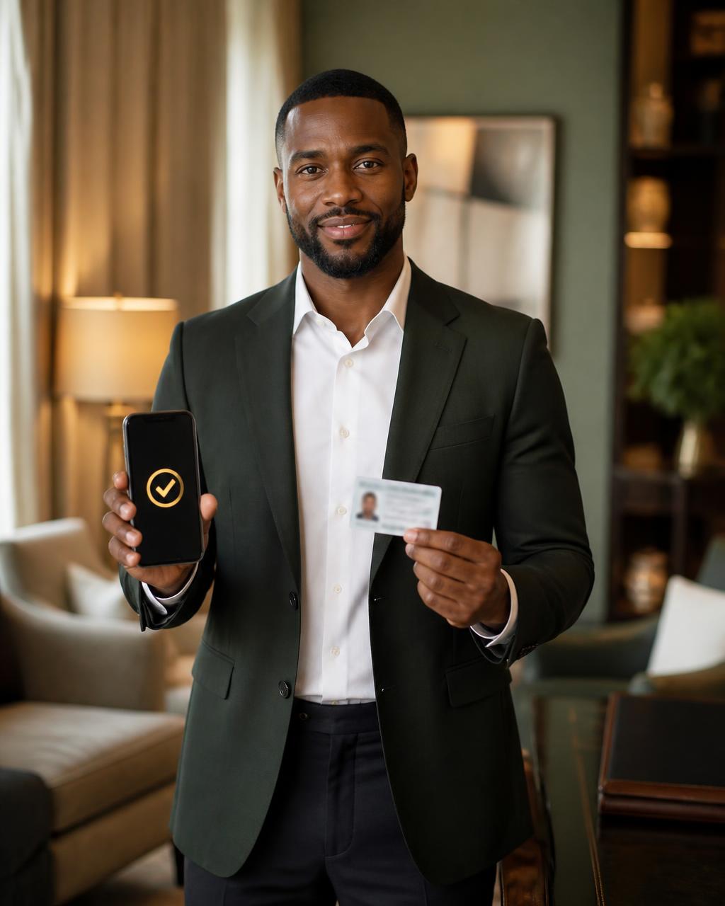 A Boo presenting a verified ID and phone screen in an upscale lounge